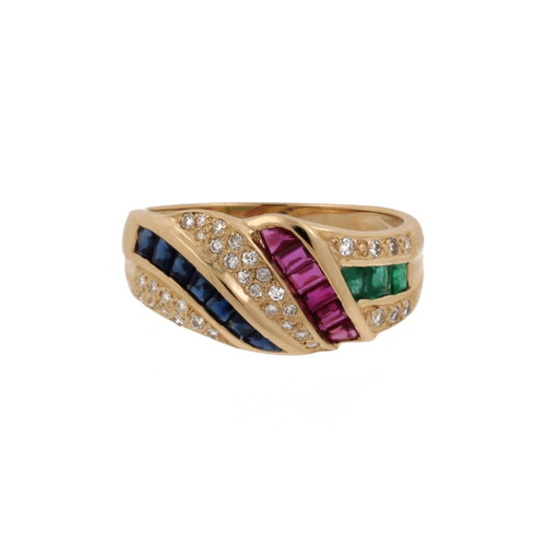 Diamond Ruby Sapphire Emerald Wave Band Ring 1.00 CTW 14K Yellow Gold Size 7