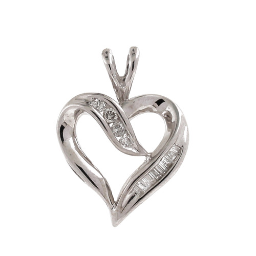 Diamond Open Heart Pendant 10K White Gold 0.25 CTW Round & Baguettes 1" Estate