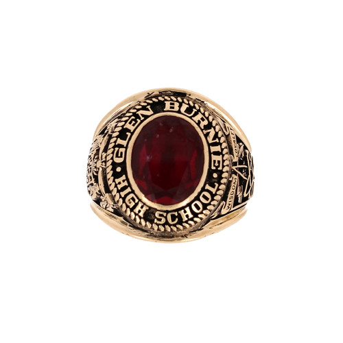 Men's Class Ring Glen Burnie High School 1966 10K Yellow Gold Ruby Gem Size 10