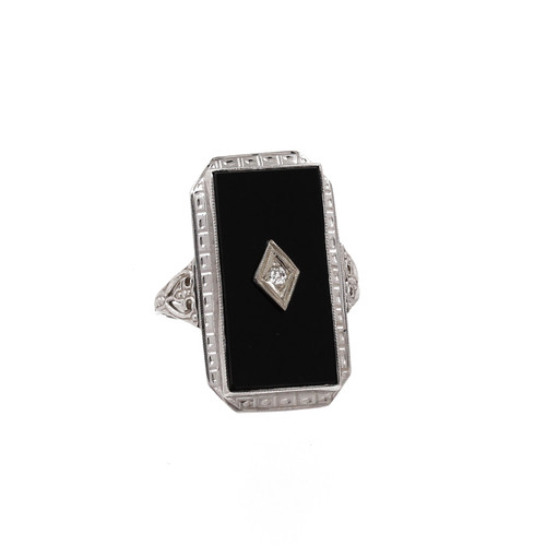 Black Onyx Diamond Accent Cocktail Ring 14K White Gold Filigree Size 4.5 Estate