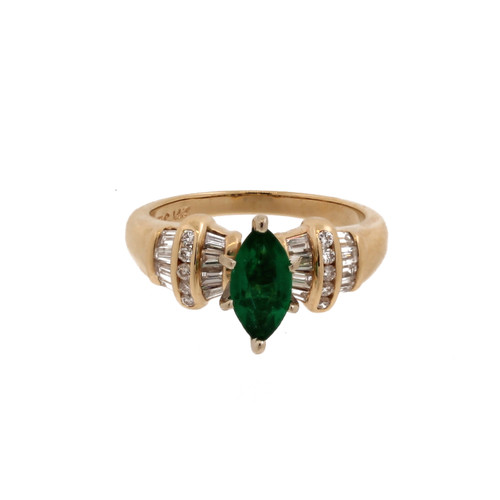 Solitaire Green Emerald Diamond Accent Cocktail Ring 14K Yellow Gold Size 8