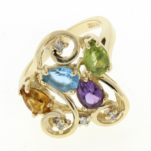 Vintage Swirl Gemstone Diamond Floral Statement Ring 10K Yellow Gold Size 6
