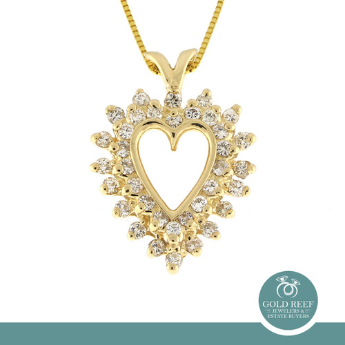 Double Halo Diamond Open Heart Pendant 14K Yellow Gold 0.75 CTW 21.5 mm Ladies