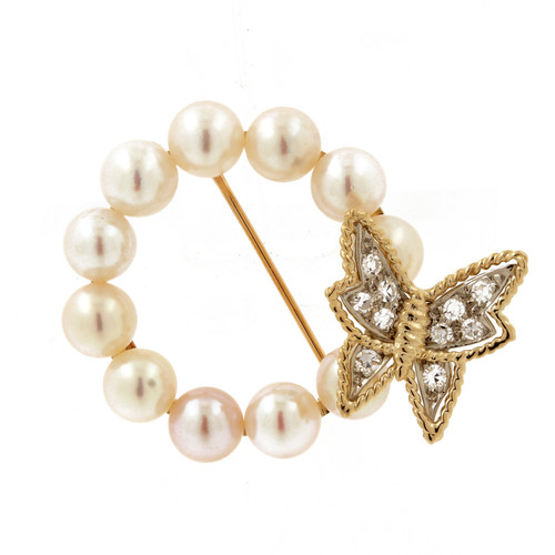 Estate Akoya Pearl Butterfly Diamond Accent Brooch Pin 14K 2-Tone Gold 1" Round