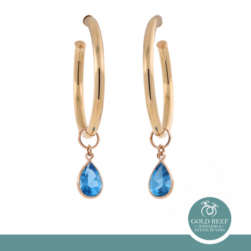 Teardrop Blue Topaz Hoop Earring Attachments 14K Yellow Gold 2.80 CTW 0.70"