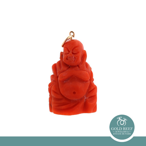 Carved Coral Buddha Pendant Charm 18K Yellow Gold 3D 1.30"