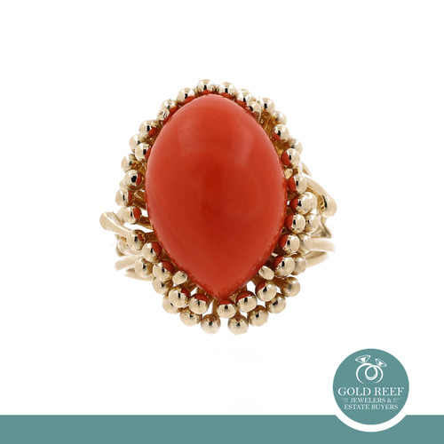 Coral Solitaire Statement Ring 14K Yellow Gold Size 6.75 Vintage