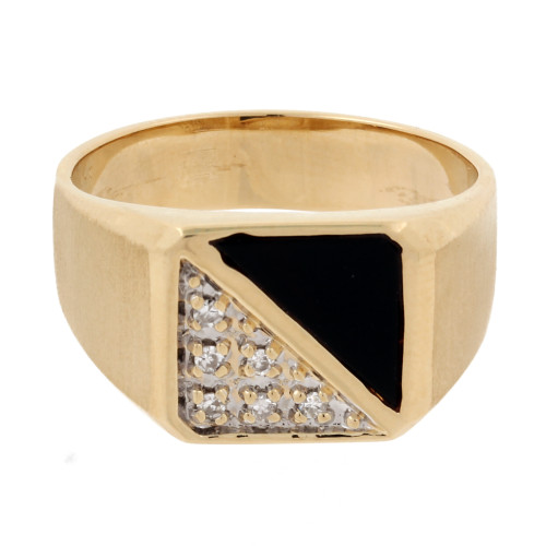 Men's Onyx 0.12 TW Diamond Signet Ring 14K Yellow Gold Size 12.5 Estate