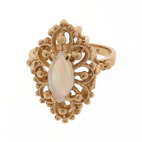 Vintage Opal Filigree Cocktail Ring 14K Yellow Gold Marquise Gem Floral SZ 4.25