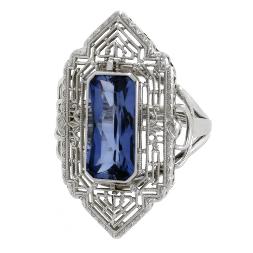 Emerald Cut Synthetic Sapphire Filigree Statement Ring 14K White Gold Estate 7