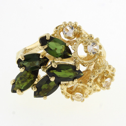 Tiered Green Tourmaline Quartz Gemstone Statement Floral Ring 14K Y/Gold SZ 4