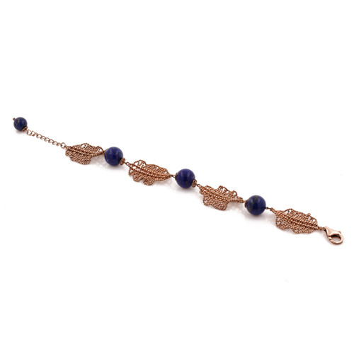 Lapis Lazuli Ball Mesh Leaf Bracelet Sterling Silver .925 Rose Gold Overlay 7-8"