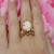 Angel Skin Coral Cabochon Gemstone Cubic Zirconia Cocktail Ring 14K Y/Gold 6.75