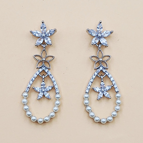 Zirconia Floral Pearl Loop Earrings