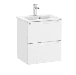 ROCA UNIK ALEYDA CPT 2DW 500MM MWH white bathroom sink with two drawers and faucet.