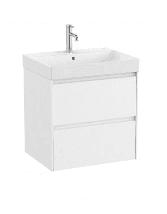 ROCA UNIK ALEYDA CPT 2DW 600MM MWH white bathroom vanity with sink and silver faucet.