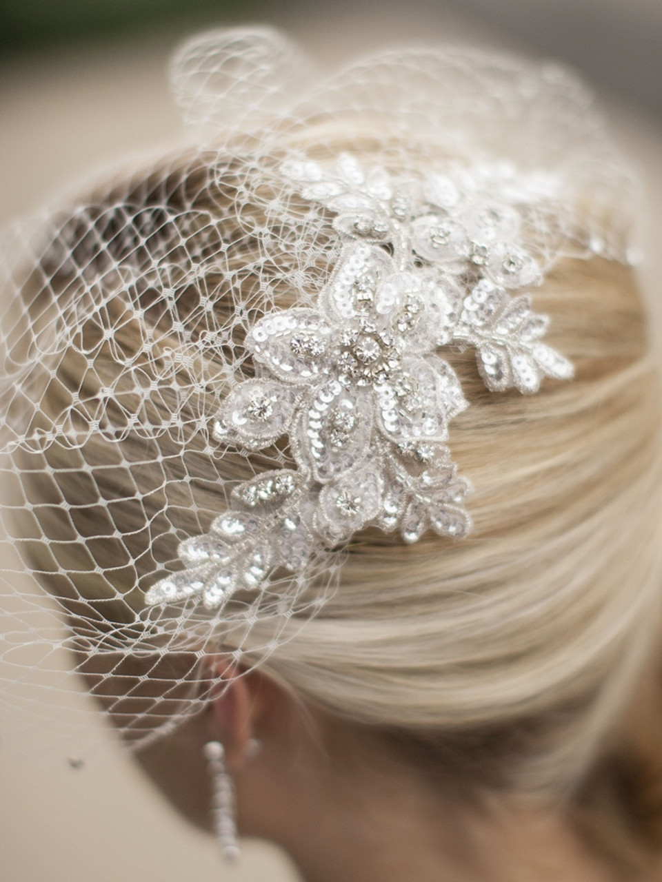 Crystal Ivory Lace Applique Wedding Veil with French Net Birdcage Blusher &  Scattered Crystal Edge