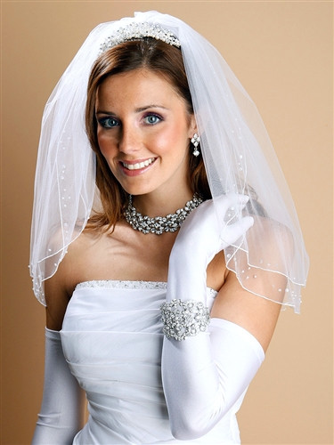 Double Layer Bridal Veil W Scattered Pearls Sequins