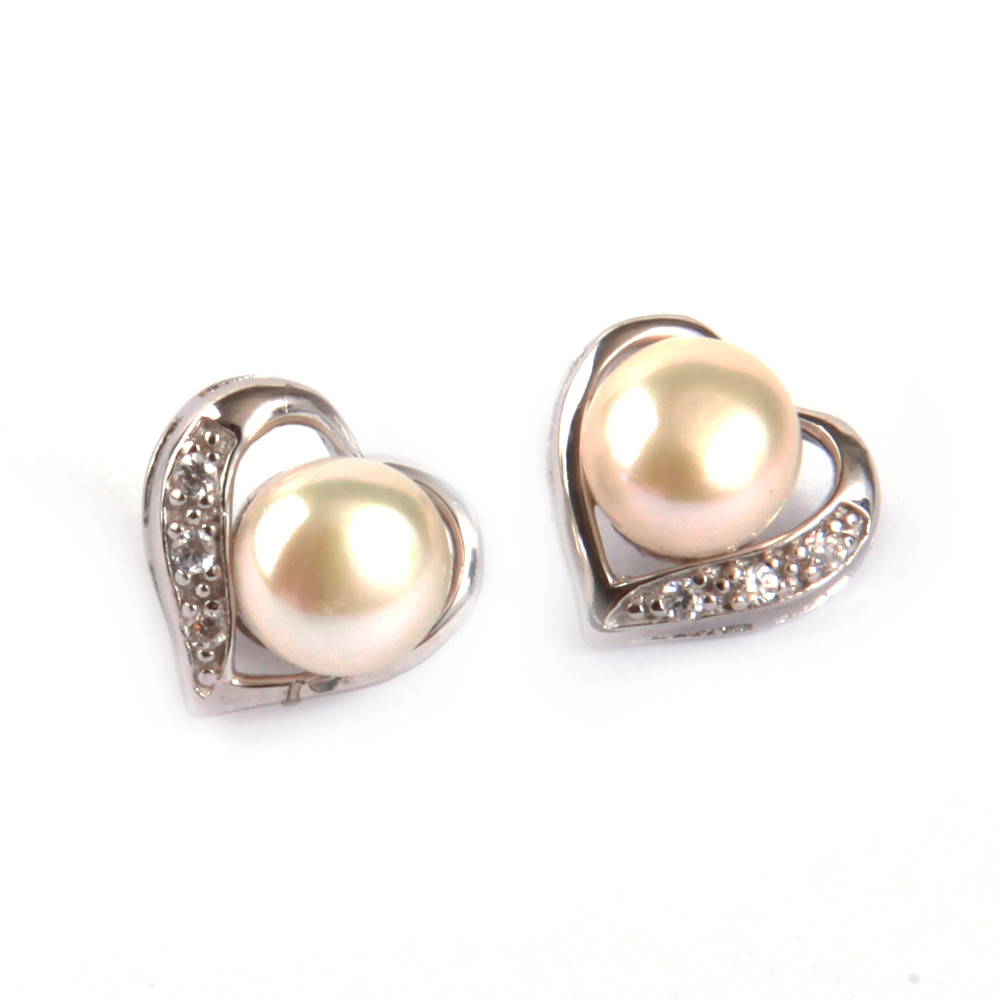 Heart Shaped Freshwater Pearl Stud Earrings w/ Cubic Zirconia Accents