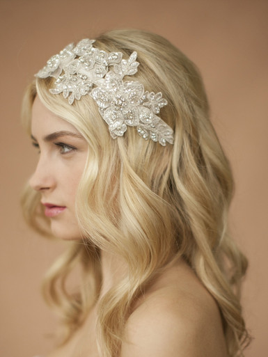 Sculptured Ivory Lace Wedding Headband with Crystals & Beads display picture 2