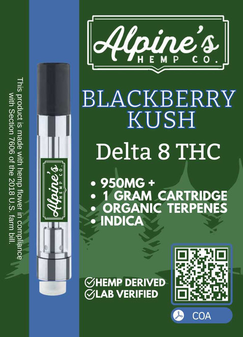 Alpine's Blackberry Kush Delta 8 1g Cartridge, Rest, Calm, Euphoric, Berry, Sweet, Blackberry, Earthy