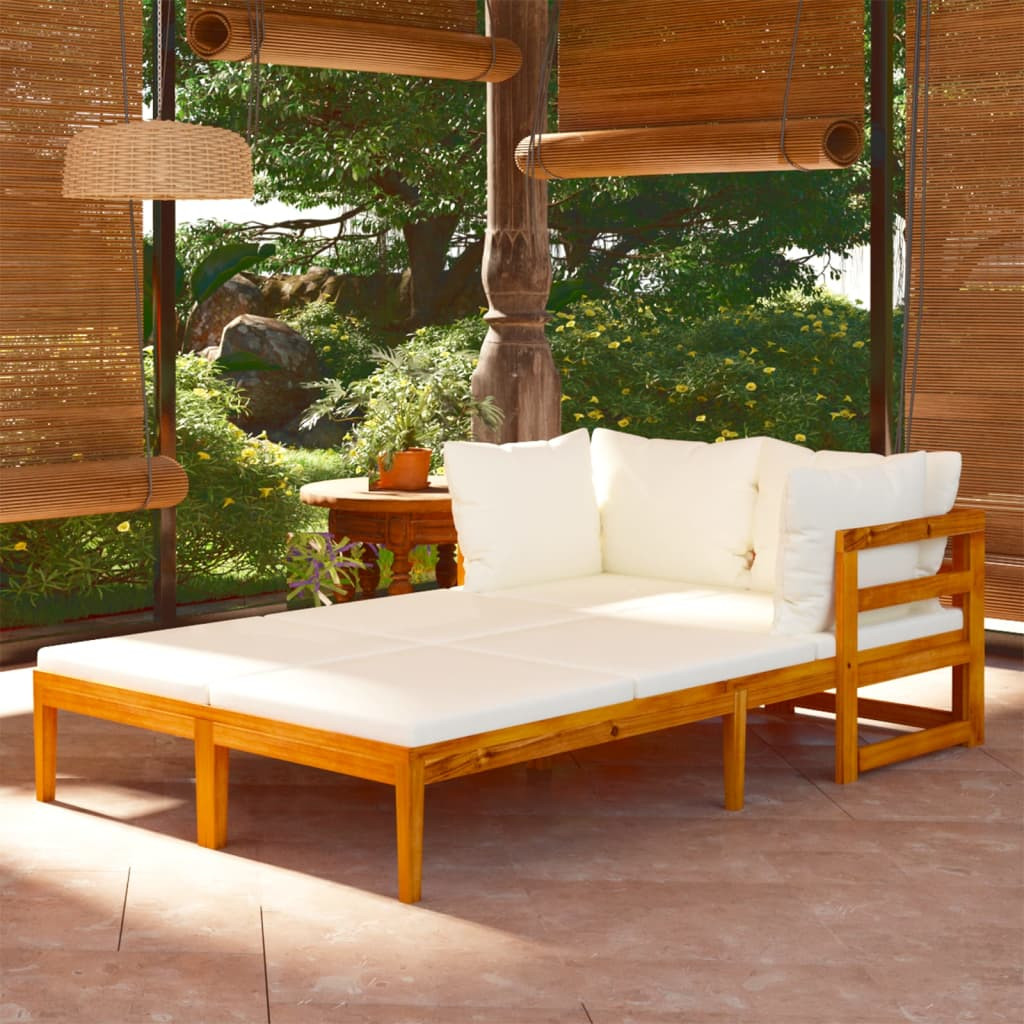 Sun Loungers with Cream White Cushions pcs Acacia Wood Ishka
