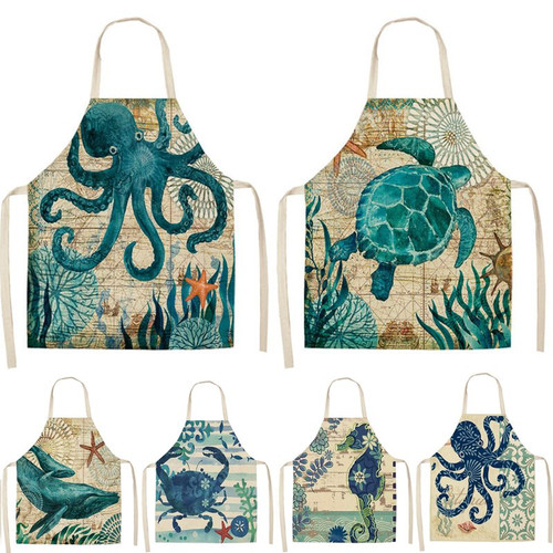 Printed Turtle Fish Sleeveless Cotton Linen Apron (53*65cm)-1731475584