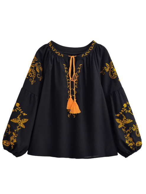 Embroidered Bird Bloom Boho Blouse