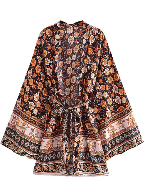 Boho Yellow Cover-Up Dress – Batwing Sleeve Beach Kimono