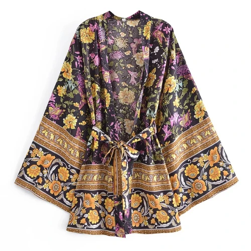 Boho Floral Kimono Dress – Beach Cover-Up with Tassels