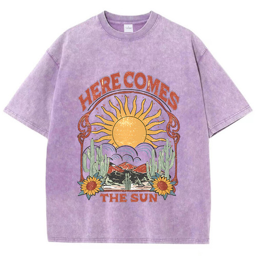 Acid Wash Oversized Women’s T-Shirt – Sun Graphic Casual Tee