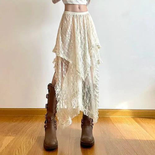Women's Asymmetrical Lace Skirt – Fairy Aesthetic Midi Skirt
