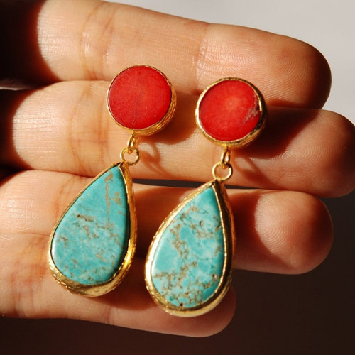 Ethnic Gold Turquoise Droplet Earrings