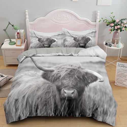 3D Highland Cow Print Polyester Duvet Cover Set - 140x210cm 2pcs