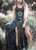 Vintage Gothic Medieval Renaissance V-Neck Slit Dress (Deep Blue1)