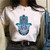 Summer Hamsa Hand of Fatima Print Short Sleeve Black Top - Size XL