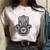 Summer Hamsa Hand of Fatima Print Short Sleeve Black Top - Size XL