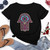 Summer Hamsa Hand of Fatima Print Short Sleeve Black Top - Size XL