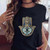Summer Hamsa Hand of Fatima Print Short Sleeve Black Top - Size XL