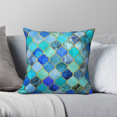 Creative Blue Aqua Gold Moroccan Tile Square Cushion Cover - Ishka
