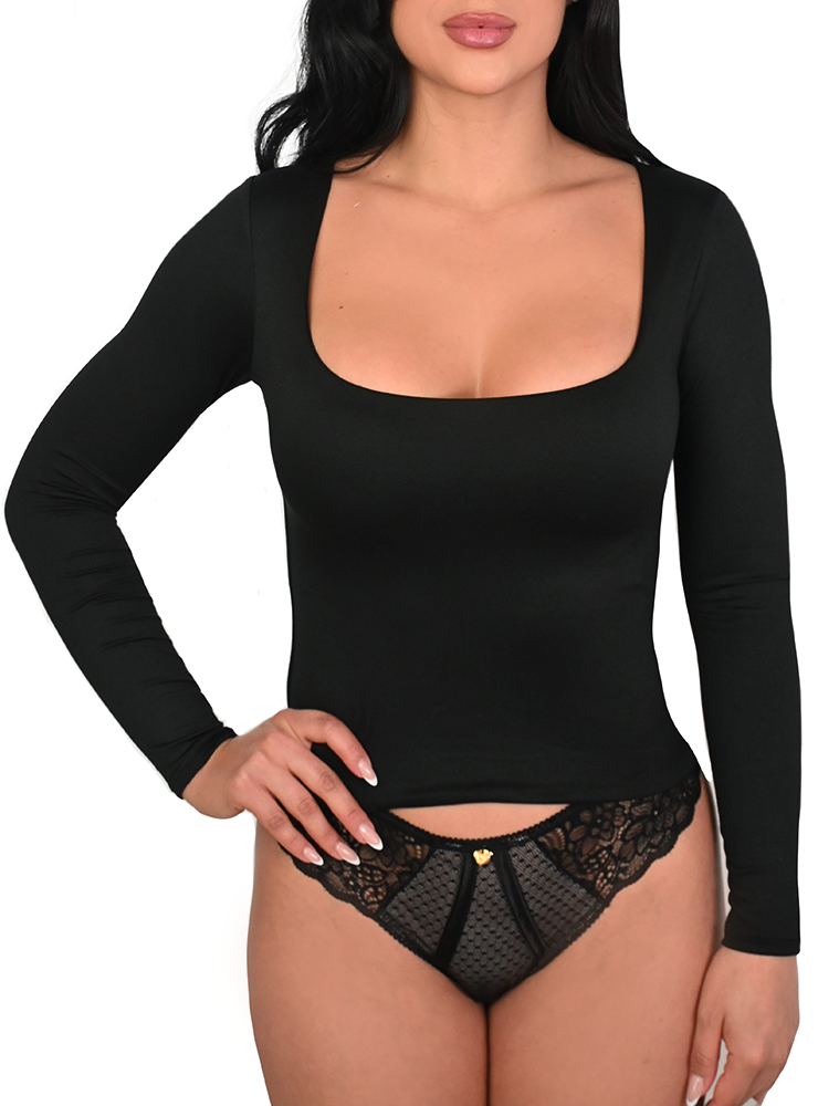 A model is facing the camera wearing the Essential Top Long Sleeve Scoop Neck in Black color.