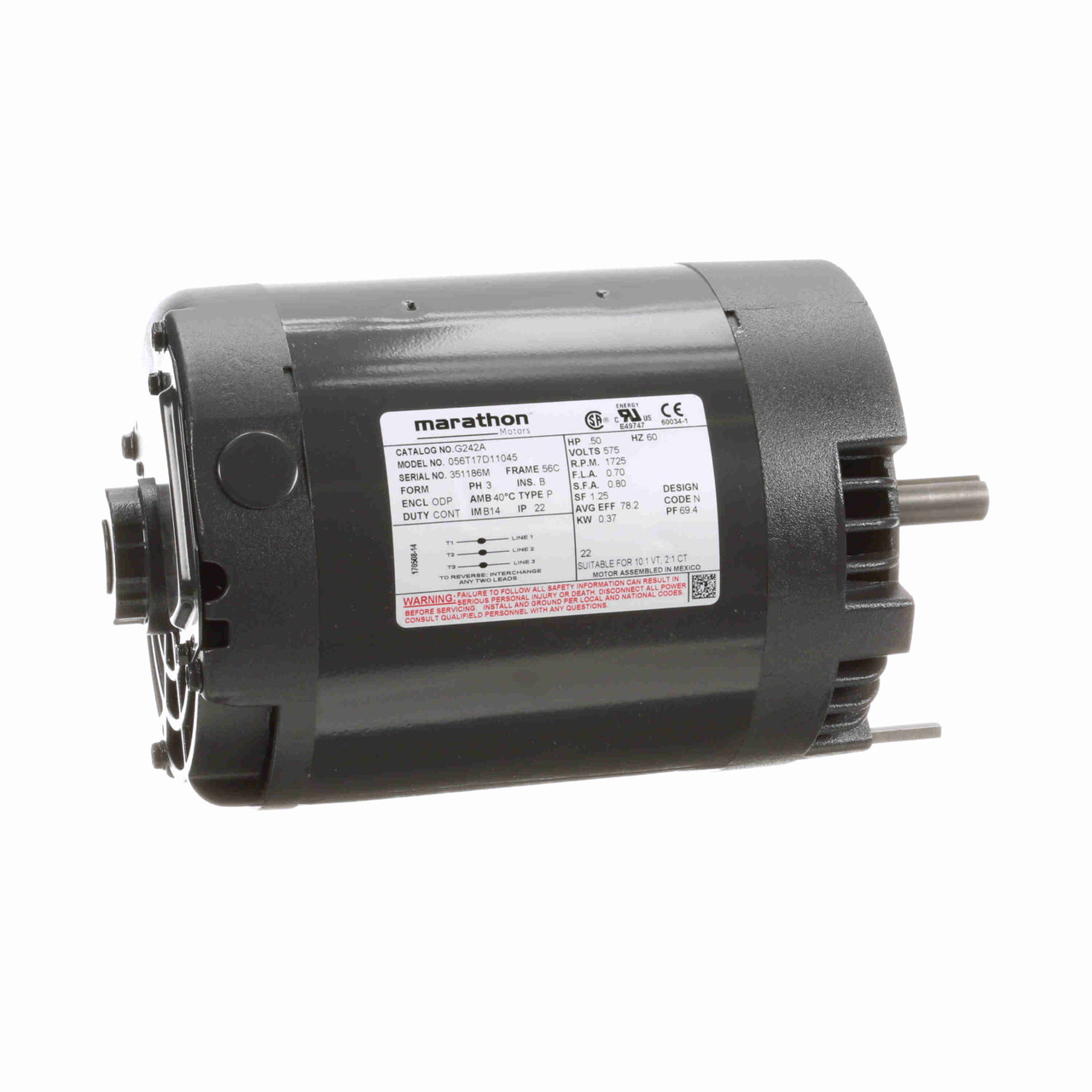 G242A, 1/2 Hp, 1800 Rpm, 56C FR, 575 Vac, 3 PH, Dripproof, C-Face Footless, General Purpose, 56T17D11045.