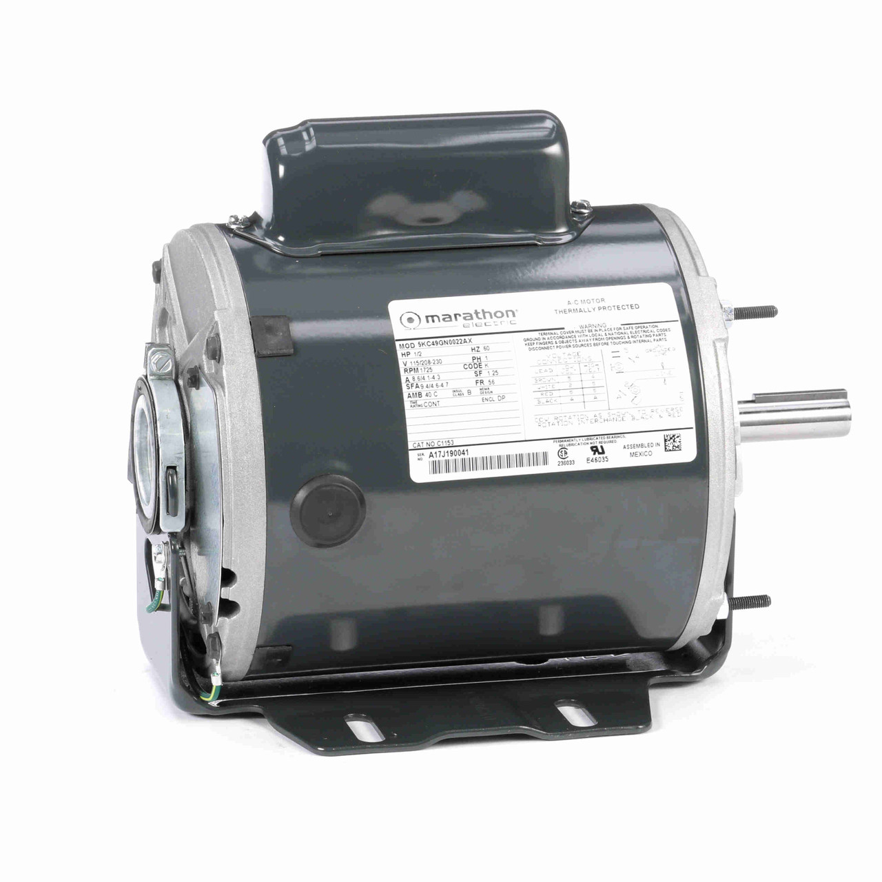 C1153, 1/2 Hp, 1725 Rpm, 56 FR, 115/208-230 Vac, 1 PH, Dripproof, Resilient Base, Fan & Blower Motor, 5KC49GN0022X