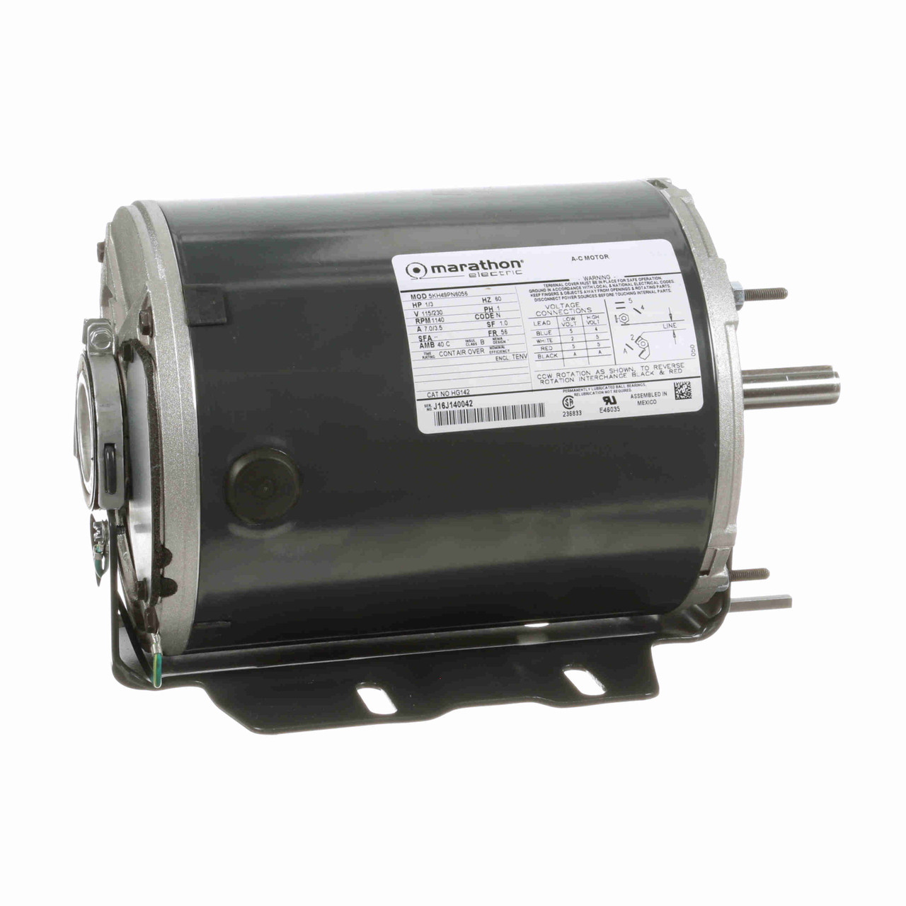 HG142, 1/3 Hp, 1200 Rpm, 56 FR, 115/230 Vac, 1 PH, TEAO, Resilient Base-Thru Bolt, Farm Duty, No Overload, 5KH49PN6056.