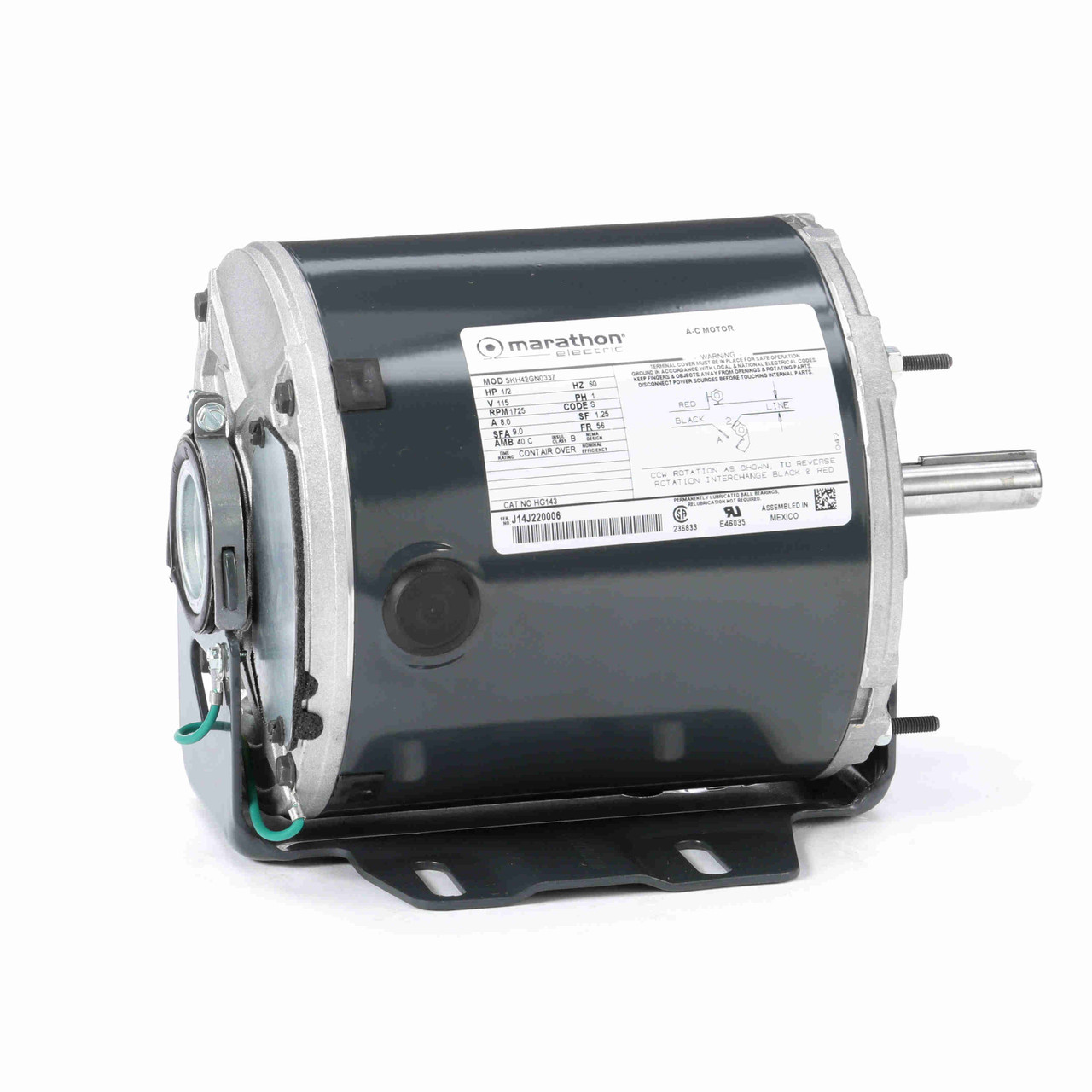 HG143, 1/2 Hp, 1800 Rpm, 56 FR, 115 Vac, 1 PH, TEAO, Resilient Base-Thru Bolt, Farm Duty, No Overload 5KH42GN0337.
