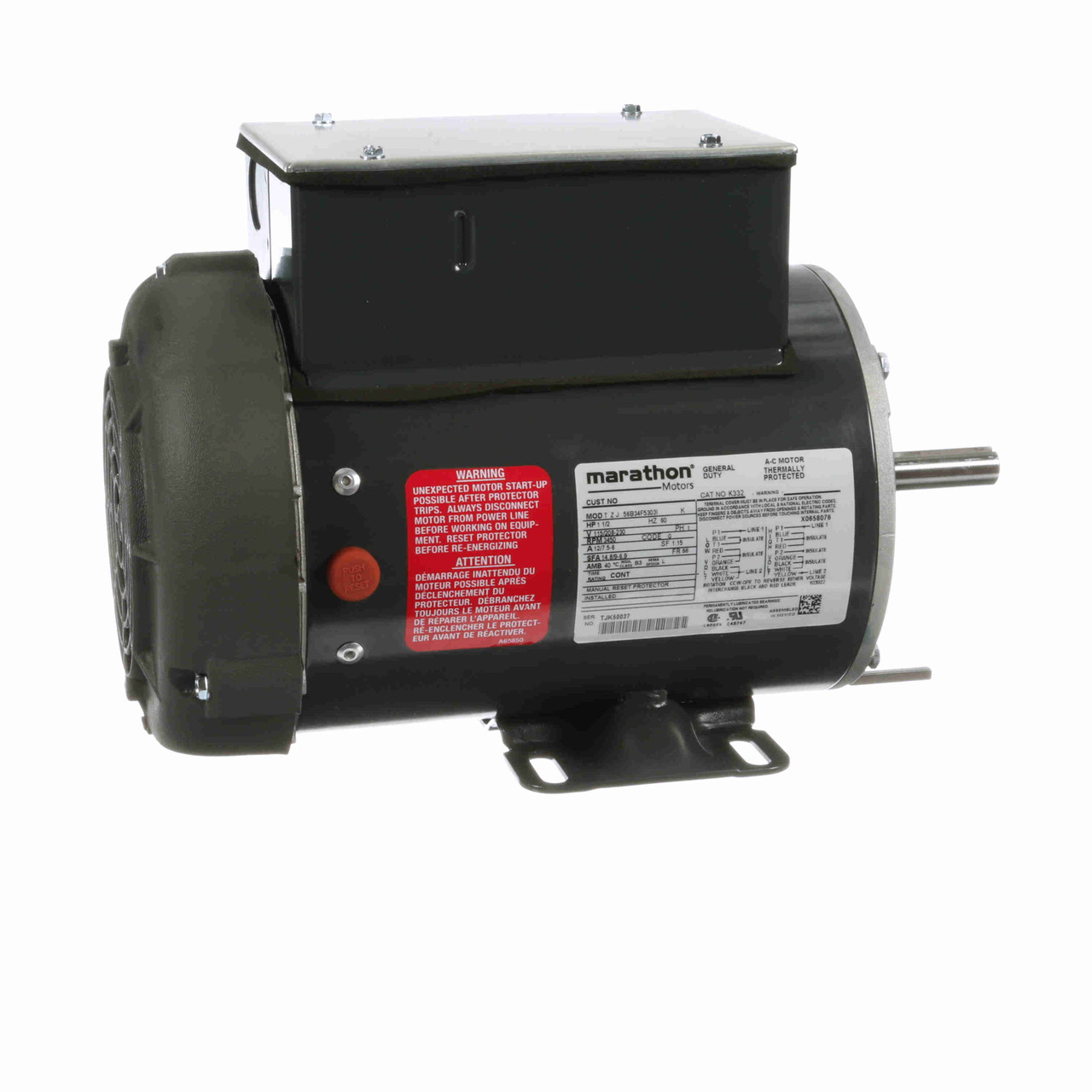 K332, 1 1/2 Hp, 3600 Rpm, 56 FR, 115/208-230 V, 1 PH, TEFC, Rigid Base, General Purpose, No Over Load, 56B34F5303.