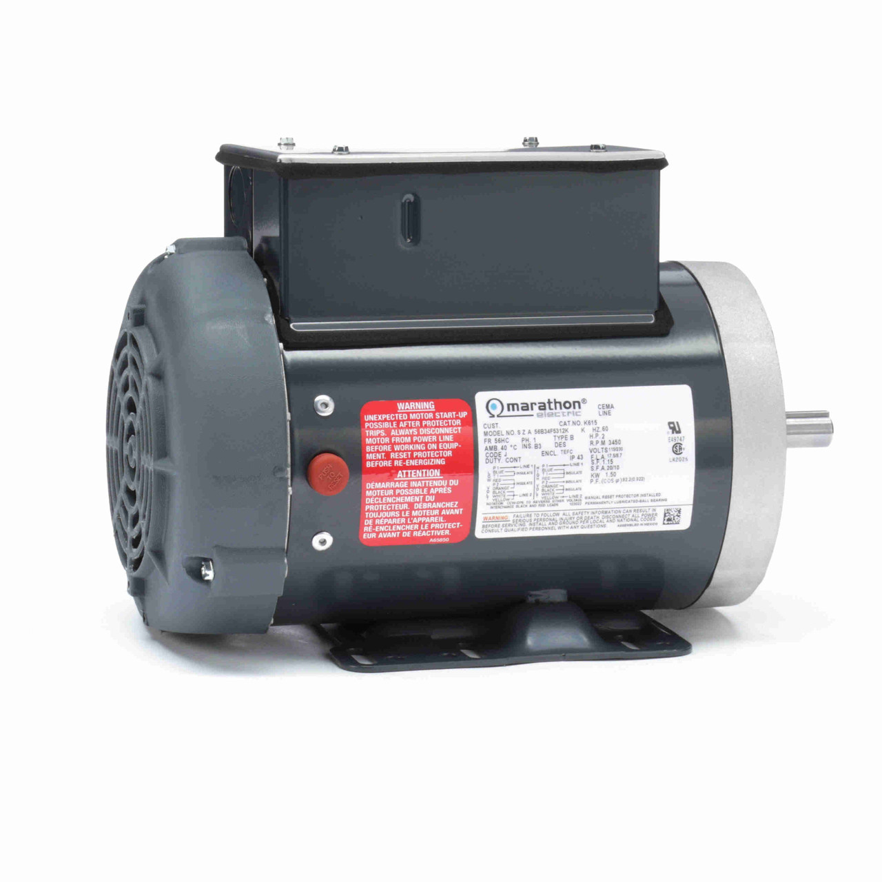 K615, 2 Hp, 3600 Rpm, 56HC FR, 115/230 Vac, 1 PH, Pressure Washer , TEFC, C-Face with Rigid Base, 56B34F5312.