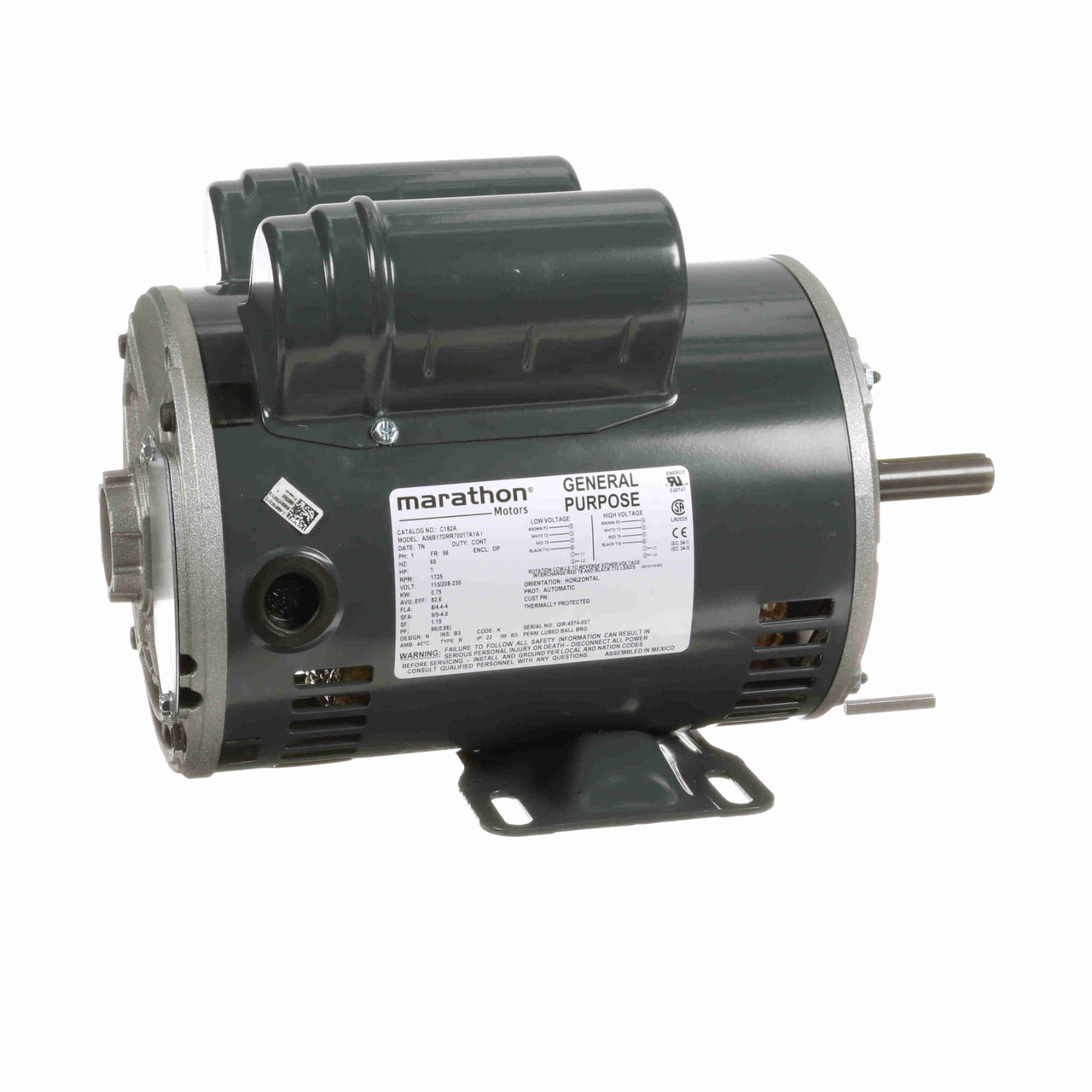 C182A, 1 HP, 1800 RPM, 56 FR, 115/208-230 Vac,1 PH, Dripproof