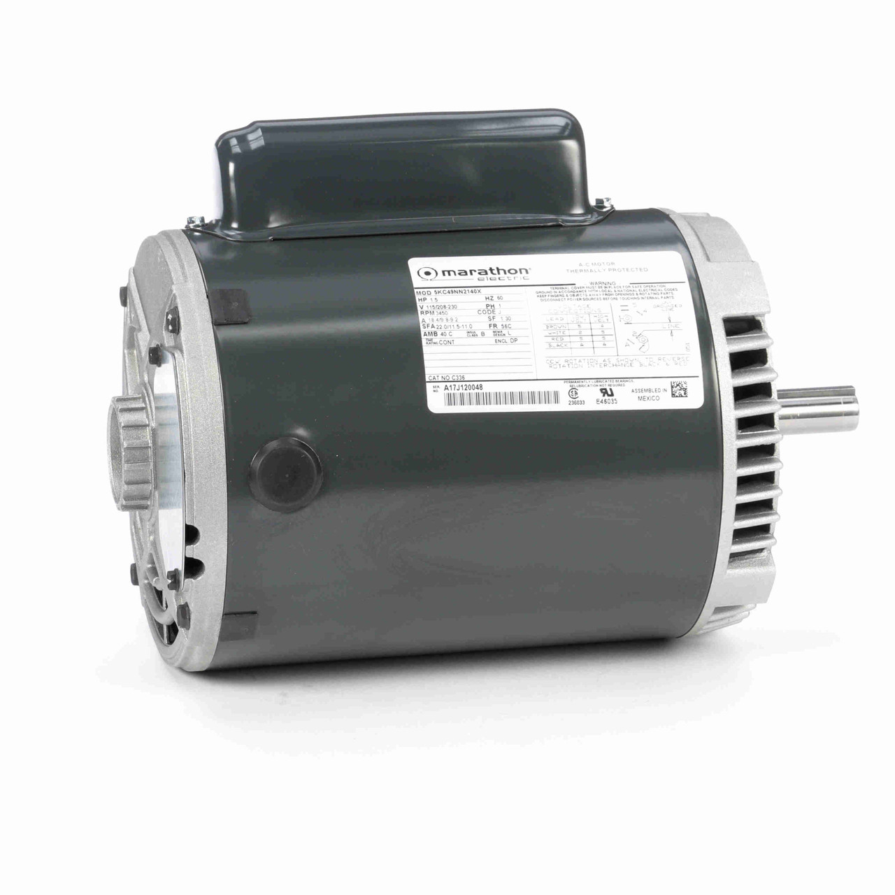 C336, 1 1/2 Hp, 3600 Rpm, 56C FR, 115/208-230 Vac, Split PH and Capacitor Start, Dripproof, C-Face Footless, Oil Burner, Auto Over Load, 5KC49NN2140X