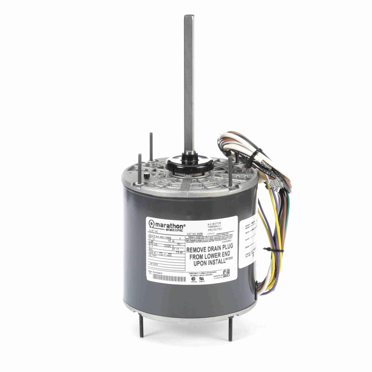 X458, 1/2 Hp, 1075/1 Rpm, 48Y FR, 460 Vac, 1 PH, Thru-Bolt, Condenser